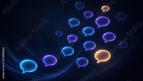 Glowing Speech Bubble Icons Floating in Dark Blue Space