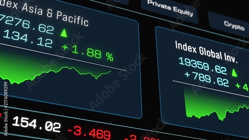 Trading screen stock market ticker with charts, market data, currency exchange rates. Financial market, sector data, prices, trading volume, investment information.