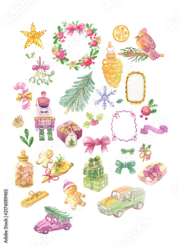Watercolor christmas elements big bundle with nutcracker wreath gingerbread man gift boxes and vintage cars illustration set. Elegant festive winter holiday clip art megapack for cards.