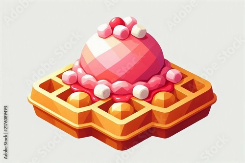 Low Poly Strawberry Bubble Waffle with Marshmallows
Hong Kong Waffle with Strawberry Ice Cream and Raspberry Syrup