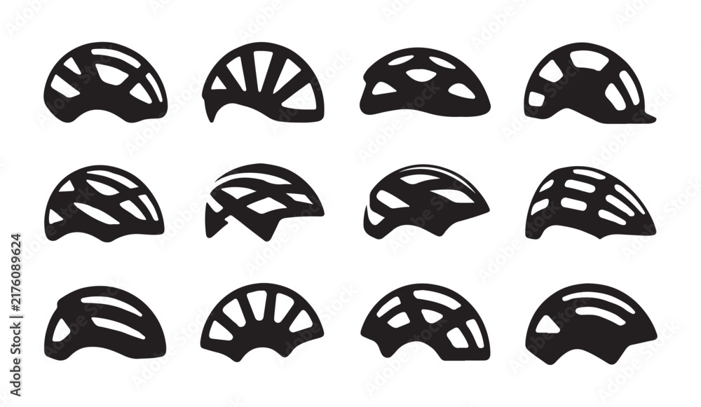 Fototapeta premium Various cycling helmets in black silhouette designed for sports and recreational activities safety.