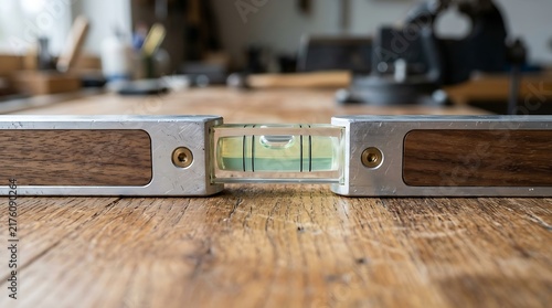 Precision Spirit Level on Wooden Workbench Surface.