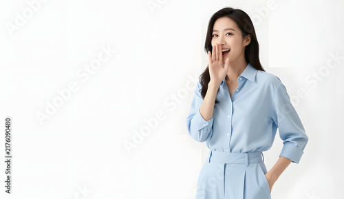 Right Elegant Asian model with pale flawless skin, sparkling doe eyes, tiny delicate nose and plump lips, long side-swept dark hair, wearing a sophisticated pastel powder-blue oversized shirt