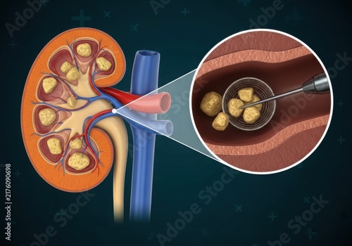 Kidney stones inside human kidney illustration isolated on white background