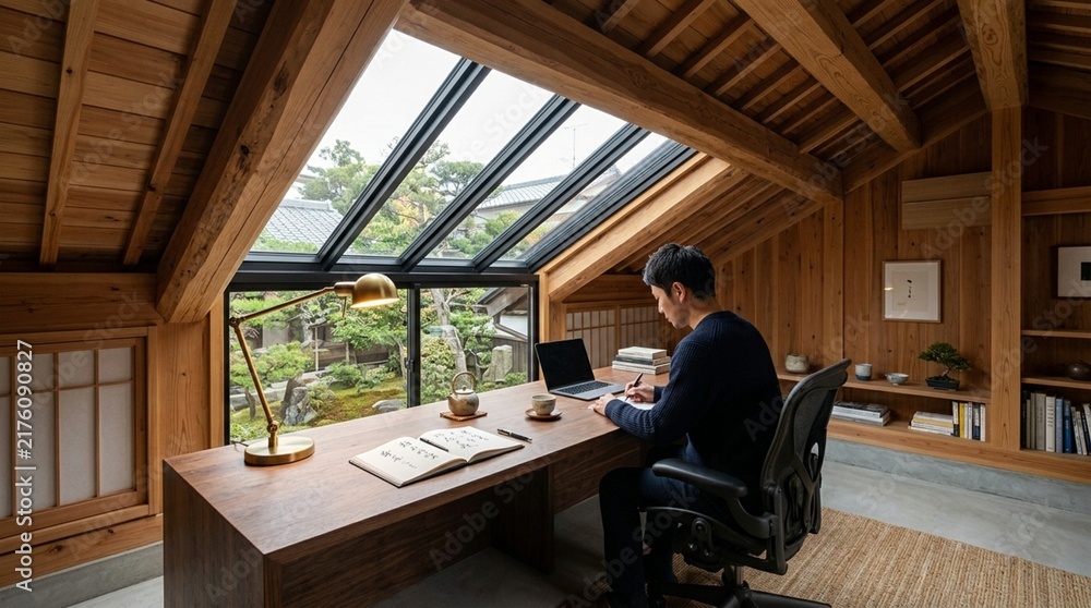Fototapeta premium Man working at desk in attic studio with skylight and garden view