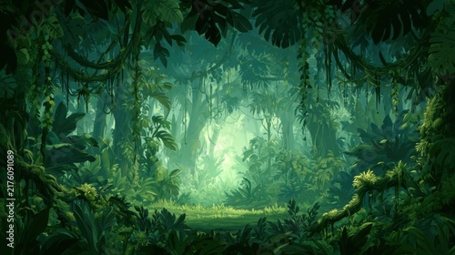 Lush dense forest with vibrant green foliage and natural light filtering through thick canopy creating a mystical serene atmosphere in nature