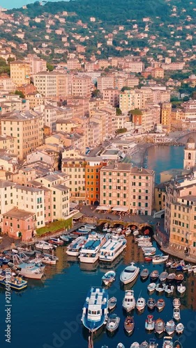 Aerial view of camogli harbor in italy during sunset