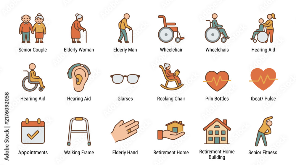 Fototapeta premium Elderly Care and Senior Living Icons Collection.