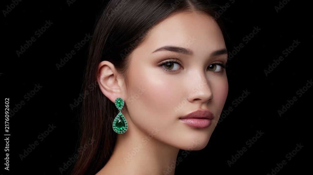 Fototapeta premium Elegant Woman Portrait Wearing Stunning Green Earrings with Natural Makeup and Long Dark Hair Against Black Background