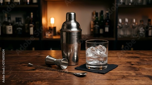 A stainless steel cocktail shaker and a glass with ice cubes on a rustic wooden bar counter