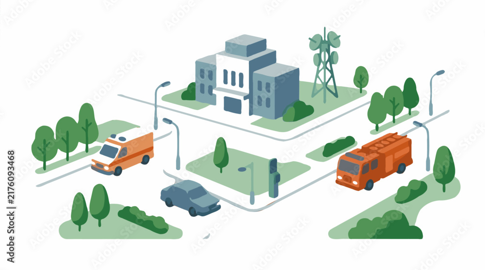 Naklejka premium Isometric city services illustration with fire truck, ambulance, and government building, flat design graphic element
