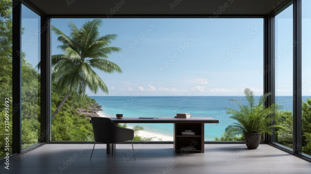 Obraz premium Serene Office View Overlooking Tropical Beach and Ocean Waves with Lush Greenery and Modern Furniture