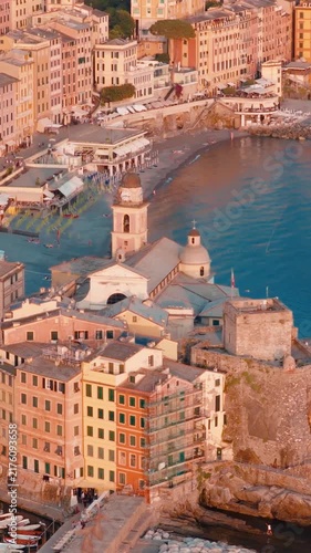 Aerial view of camogli village in liguria at sunset