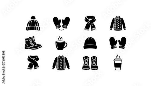 winter clothes hat mittens scarf sweater boots and hot coffee cup