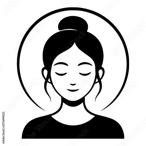 Calm Woman with Closed Eyes and Hair Bun in Circle, Black Vector