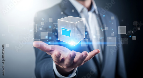 Businessman touching digital hologram interface