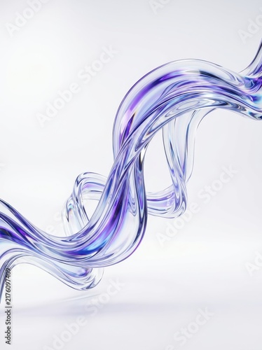 Abstract 3D Render of Flowing Glass Ribbons with Purple and Blue Iridescent Highlights on White Background