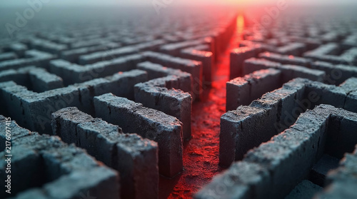 Obraz na płótnie Stone maze illuminated by glowing red light