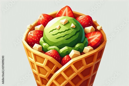 Low Poly Matcha Bubble Waffle with Strawberry
Hong Kong Waffle with Matcha Ice Cream and White Chocolate