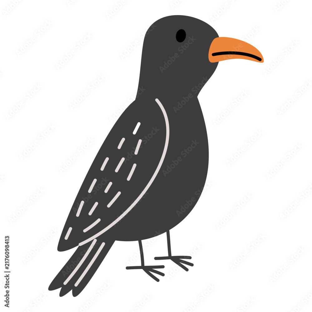 Obraz premium Cute raven isolated on white background. Flat vector illustration of a black woodland bird with orange beak, simple shapes and cartoon style for children. Vector illustration