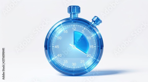 Blue Translucent Glass Stopwatch 3D Render Isolated on White Background for Time Management and Efficiency Concepts