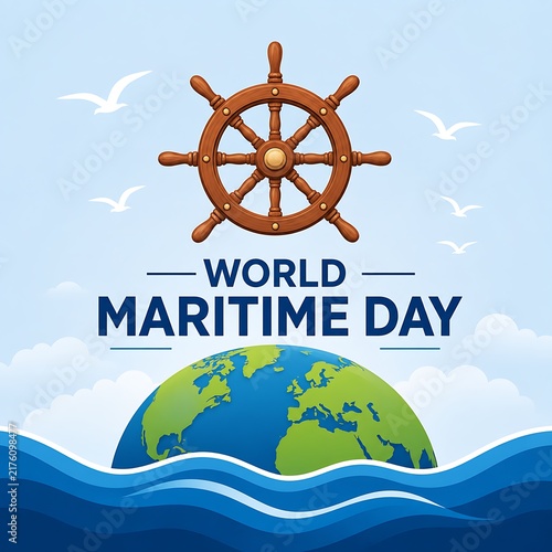 World maritime day illustration with ship wheel and globe