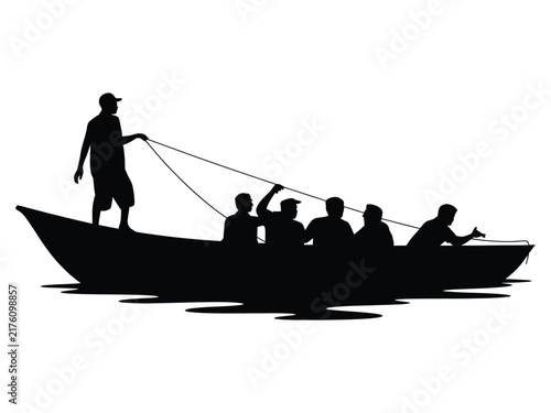 People on a Boat Pulling a Rope Silhouette Illustration