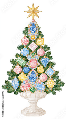 カラフルな宝石で飾られた豪華なクリスマスツリーの水彩イラスト、白背景 Luxury Christmas tree decorated with colorful gemstones, hand painted watercolor illustration on white