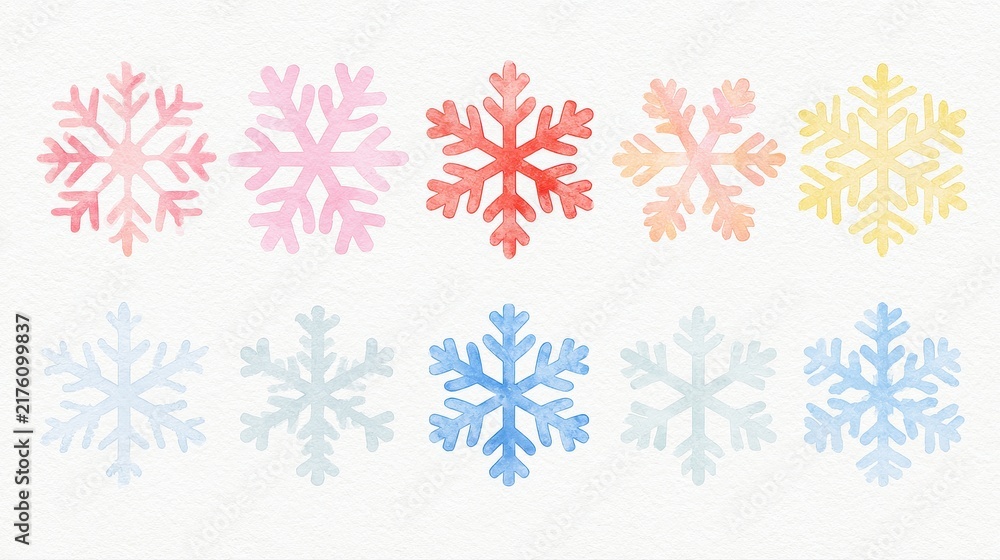 Obraz premium Festive snowflakes flat design side view winter wonderland theme water color Complementary Color Scheme.