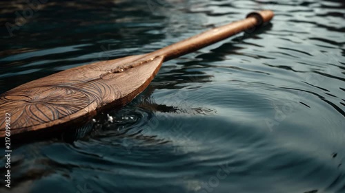 Carved Wooden Paddle Moves through Calm Water Creating Circular Ripples in Cinematic Traditional Boating Detail Video