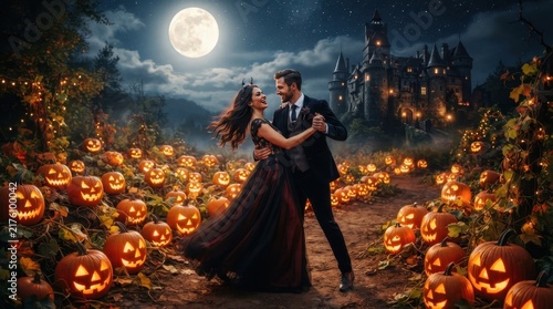Enchanting Halloween Waltz: A couple dances romantically amidst a field of glowing jack-o'-lanterns under a full moon, with a spooky castle in the background, evoking a magical and festive atmosphere.