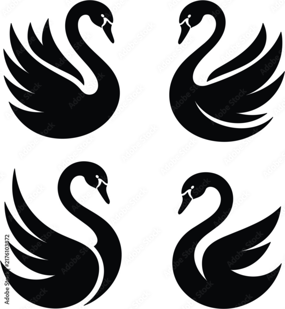 Fototapeta premium Swan bird icon set, elegant waterfowl silhouette symbols for nature wildlife luxury and decorative design