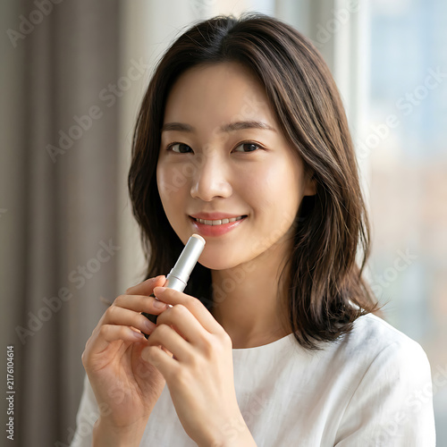 Elegant young woman with smooth skin smiling softly while holding a white lipstick in a cozy indoor setting with natural light