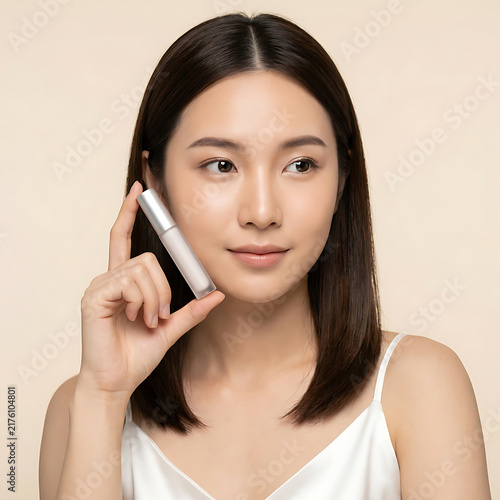 Young woman with flawless skin holding a cosmetic spray product in a minimalistic studio setting