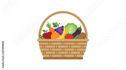 Flat vector illustration of organic fruits and vegetables in a basket