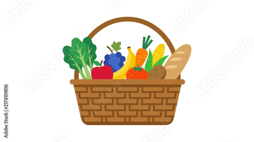 Flat vector illustration of wicker basket with fresh organic food