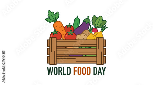 Flat line vector illustration of fresh vegetables in wooden crate