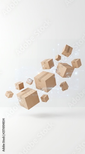 Floating cardboard shipping boxes and modern e-commerce delivery concept graphic design background