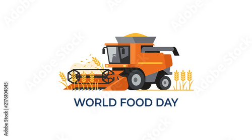Flat vector illustration of orange combine harvester in wheat field for food awareness