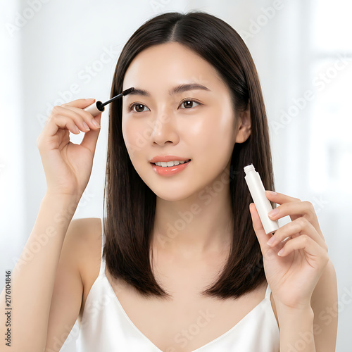Young woman applying eyebrow makeup with precision focusing on beauty enhancement routine