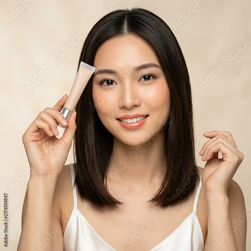 Young woman demonstrating skincare product with a bright smile and clear complexion, emphasizing beauty routine and skincare