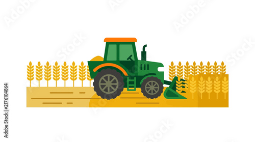 Green tractor harvesting golden wheat field flat vector illustration