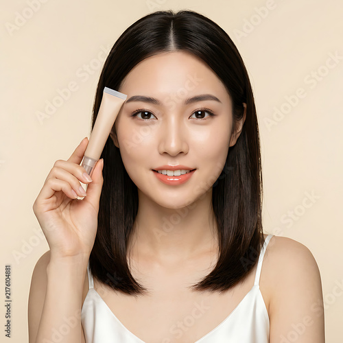 portrait of a young woman with flawless skin holding skincare product smiling confidently
