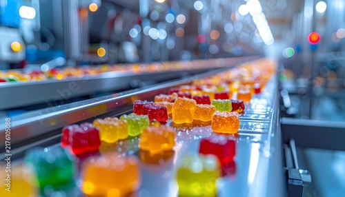 Gummy candies moving on industrial factory conveyor belt
