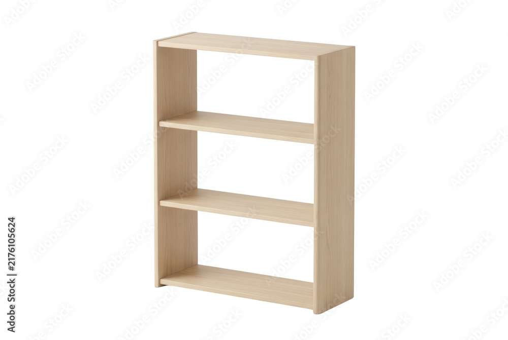 Fototapeta premium Pusty, nowoczesny regał na książki wykonany z jasnego drewna z trzema półkami, ustawiony na czystym, białym tle, idealny do aranżacji wnętrz, projektowania mebli oraz prezentacji produktów domowych.