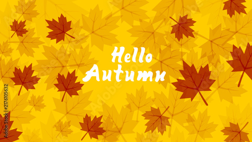 A vibrant autumn background featuring falling maple leaves and the text Hello Autumn in a flat vector style.