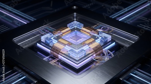 Futuristic Quantum Processor Chip with Glowing Circuits and Gold Connectors for Advanced Computing