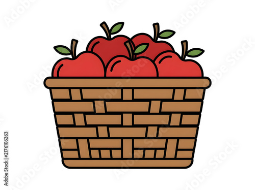 Red apples overflowing woven basket vector graphic, full fruit container
