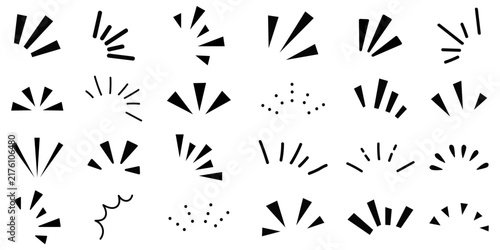 A set of hand-drawn icons to represent emphasis, attention, awareness, and impact. Manga speech bubble details on white background for graphic design.
