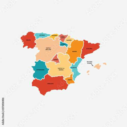 Spain map with named regions colorful administrative divisions vector eps illustration